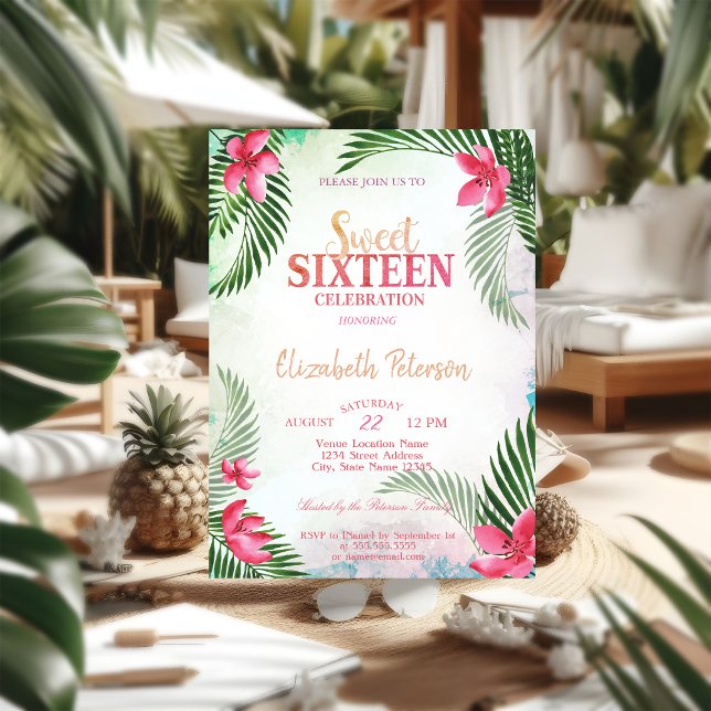 Tropical Flowers Palm Leaves Summer Sweet 16 Party Invitation (Creator Uploaded)