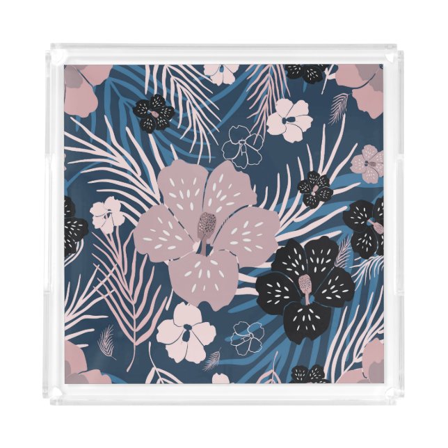 Tropical Flowers Palm Leaves Texture Acrylic Tray (Front)