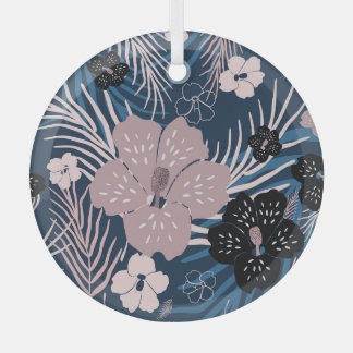 Tropical Flowers Palm Leaves Texture Glass Ornament
