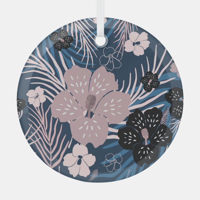Tropical Flowers Palm Leaves Texture Glass Ornament (Front)