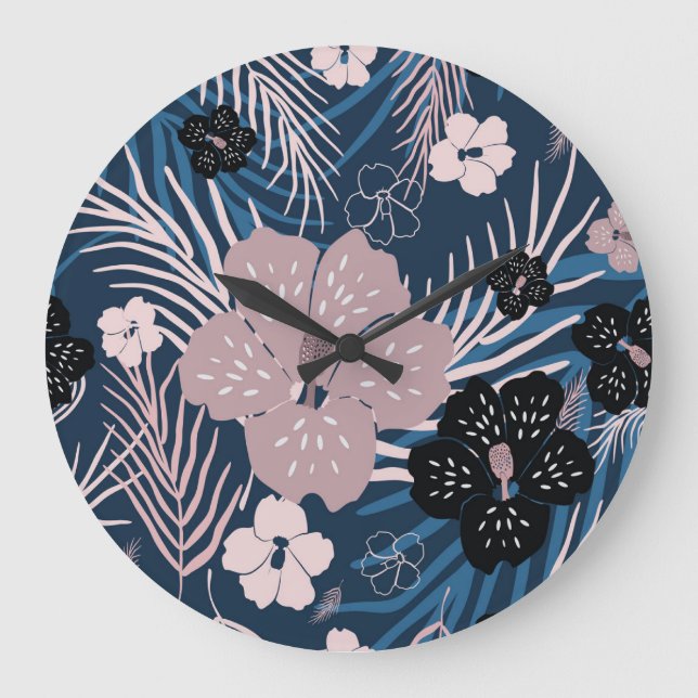 Tropical Flowers Palm Leaves Texture Large Clock (Front)
