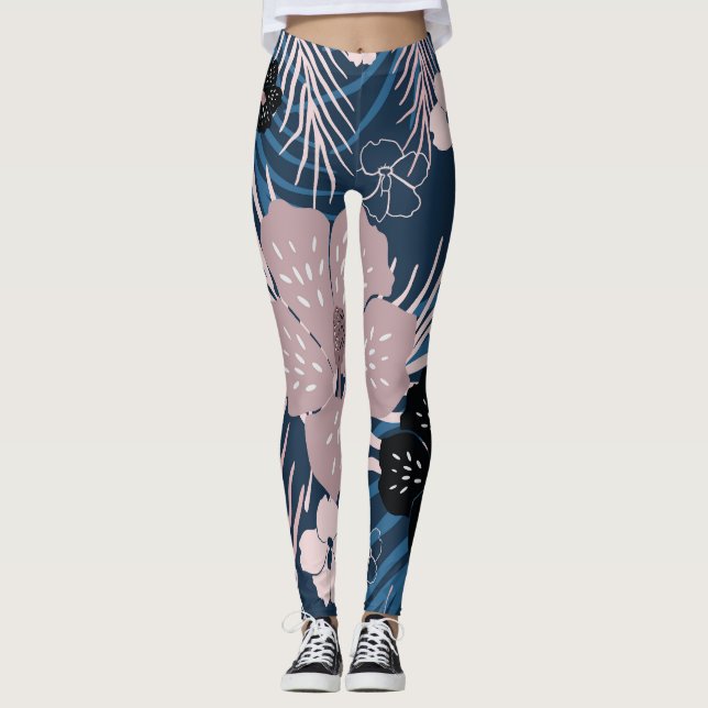 Tropical Flowers Palm Leaves Texture Leggings (Front)