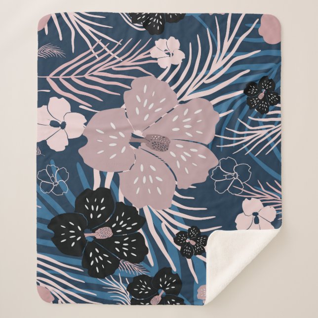 Tropical Flowers Palm Leaves Texture Sherpa Blanket (Front)