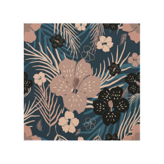 Tropical Flowers Palm Leaves Texture Wood Wall Art