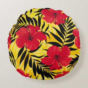 Tropical flowers palm leaves, vintage pattern. round pillow