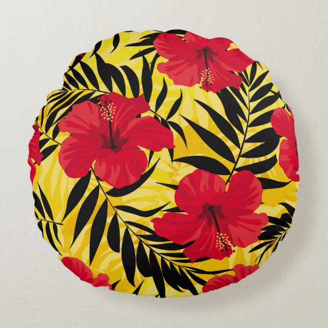 Tropical flowers palm leaves, vintage pattern. round pillow (Front)