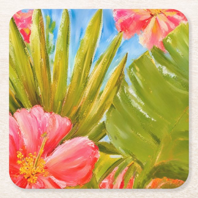 Tropical flowers, palms, Hawaii Square Paper Coaster (Front)