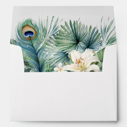 Tropical Flowers Peacock Feather Wedding Envelope