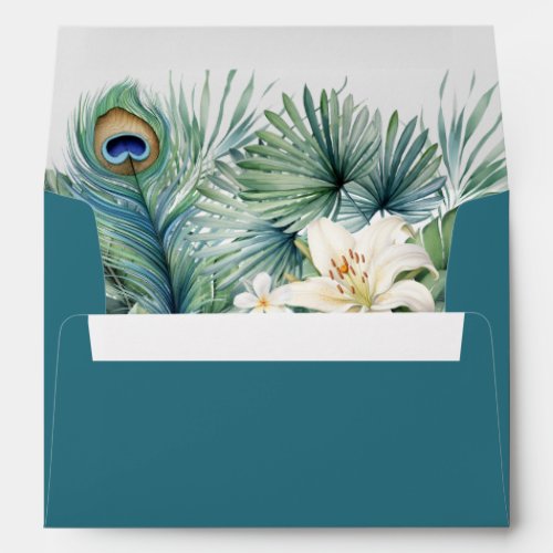 Tropical Flowers Peacock Feather Wedding Envelope