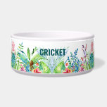 Tropical flowers Personalized Name Bowl<br><div class="desc">Colorful tropical flowers and leaves border on a white background with a personalized dog name.</div>