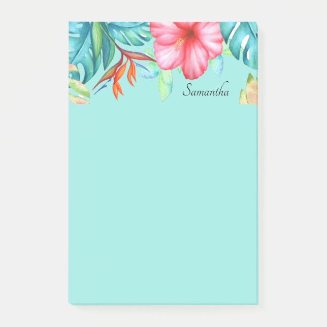 Tropical Flowers Personalized Teal Post-it Notes (Front)