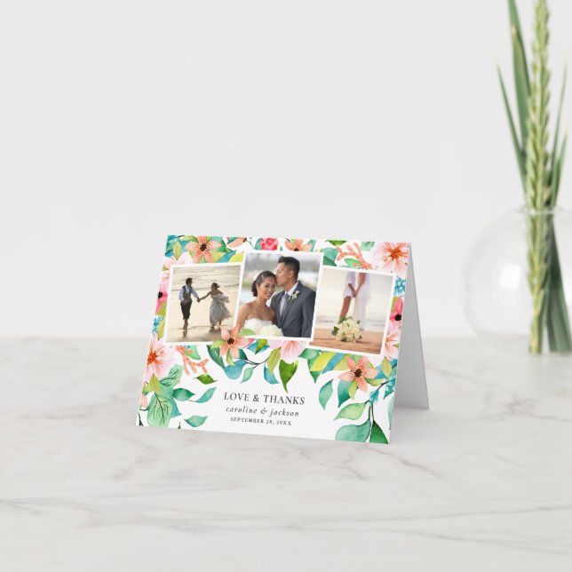 Tropical Flowers Photo Collage Thank You Card (Front)