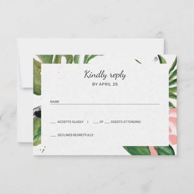 Tropical flowers photo wedding RSVP (Front)