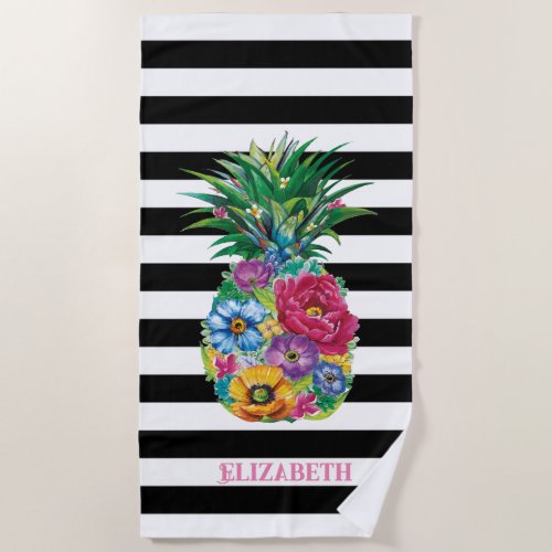 Tropical Flowers Pineapple Black Stripes Beach Towel