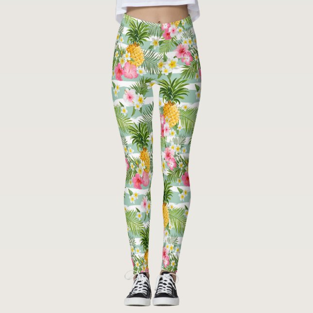 Tropical Flowers & Pineapple On Teal Stripes 2 Leggings (Front)