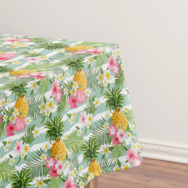 Tropical Flowers & Pineapple On Teal Stripes 2 Tablecloth (In Situ)