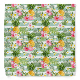 Tropical Flowers & Pineapple On Teal Stripes Bandana