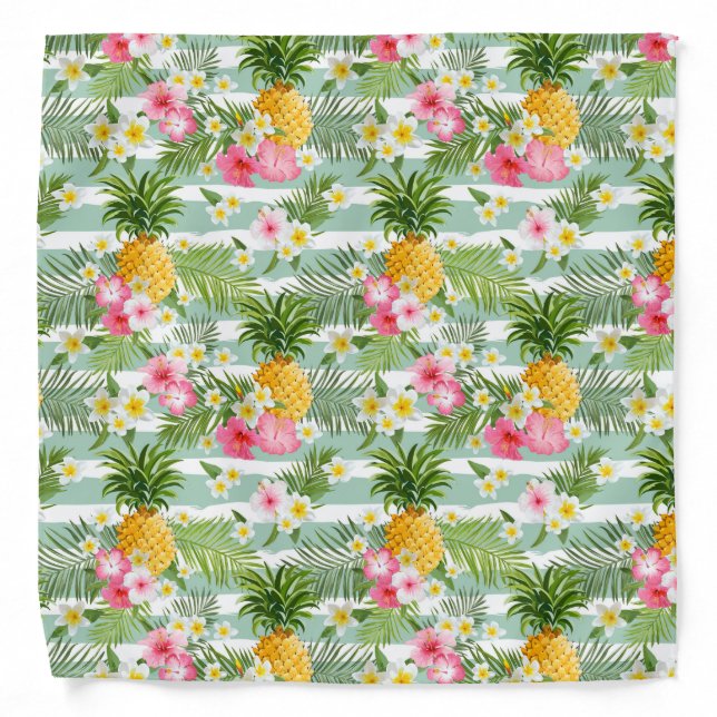 Tropical Flowers & Pineapple On Teal Stripes Bandana (Front)