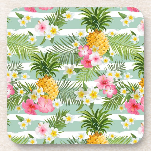 Tropical Flowers & Pineapple On Teal Stripes Beverage Coaster (Front)