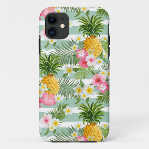 Tropical Flowers & Pineapple On Teal Stripes iPhone 11 Case