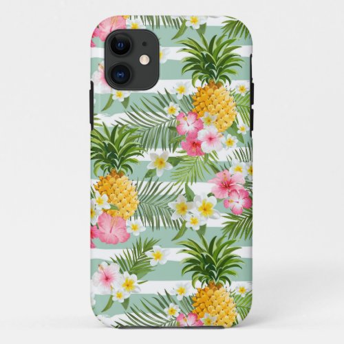 Tropical Flowers  Pineapple On Teal Stripes iPhone 11 Case