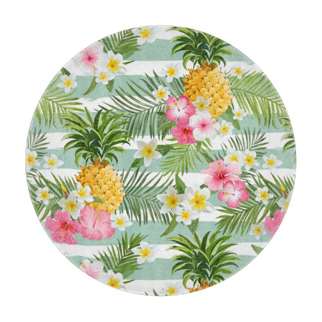 Tropical Flowers & Pineapple On Teal Stripes Cutting Board (Front)