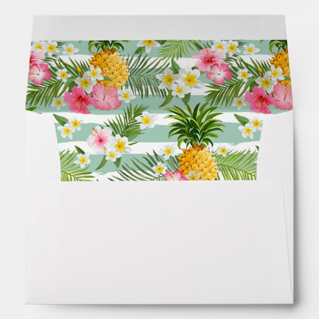 Tropical Flowers & Pineapple On Teal Stripes Envelope (Back (Bottom))