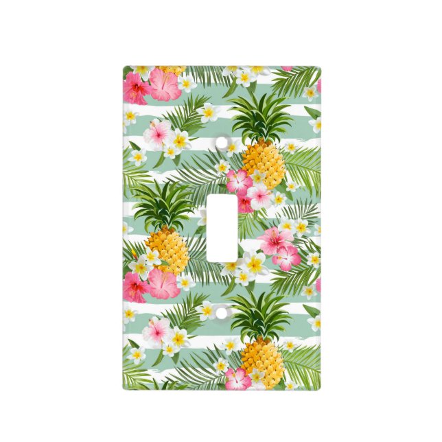 Tropical Flowers & Pineapple On Teal Stripes Light Switch Cover (Front)