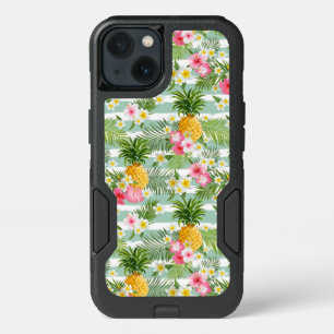 Tropical Flowers & Pineapple On Teal Stripes iPhone 13 Case