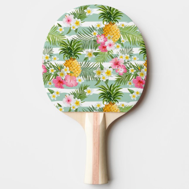 Tropical Flowers & Pineapple On Teal Stripes Ping Pong Paddle (Front)