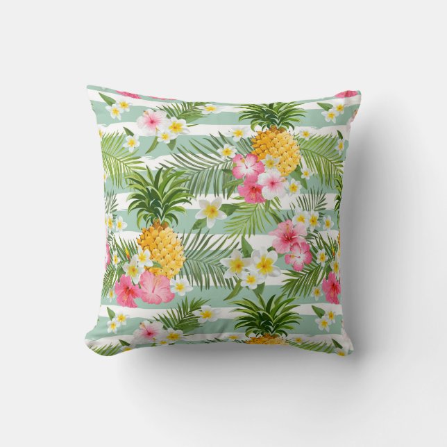 Tropical Flowers & Pineapple On Teal Stripes Throw Pillow (Front)