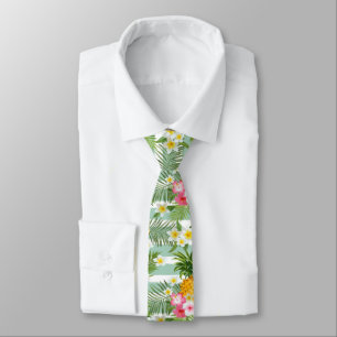 Tropical Flowers & Pineapple On Teal Stripes Tie