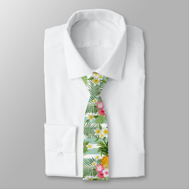 Tropical Flowers & Pineapple On Teal Stripes Tie (Shirt)