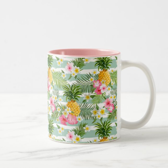 Tropical Flowers & Pineapple On Teal Stripes Two-Tone Coffee Mug (Right)
