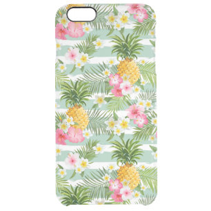 Tropical Flowers & Pineapple On Teal Stripes Clear iPhone 6 Plus Case