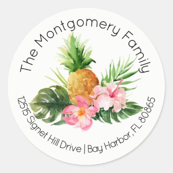 Tropical Flowers & Pineapple Return Address Classic Round Sticker by NoteworthyPrintables at Zazzle