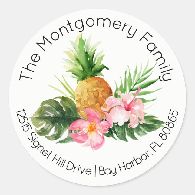 Tropical Flowers & Pineapple Return Address Classic Round Sticker (Front)