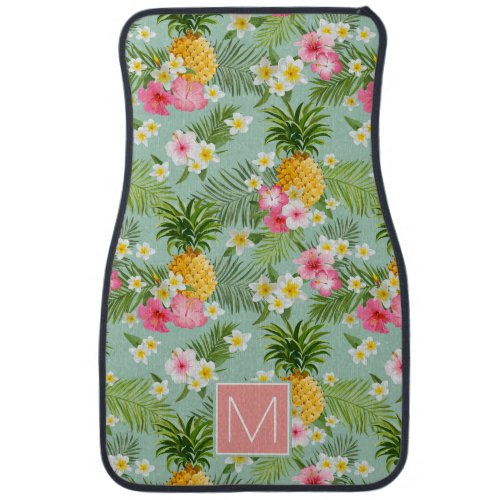 Tropical Flowers  Pineapples  Add Your Initial Car Floor Mat