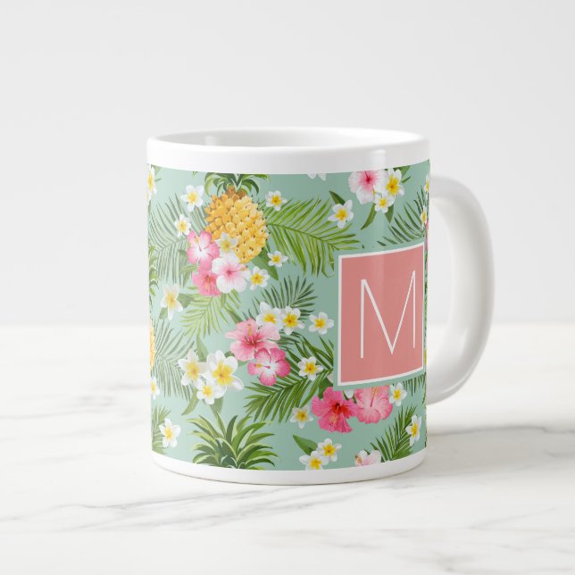 Tropical Flowers & Pineapples | Add Your Initial Giant Coffee Mug (Front Right)