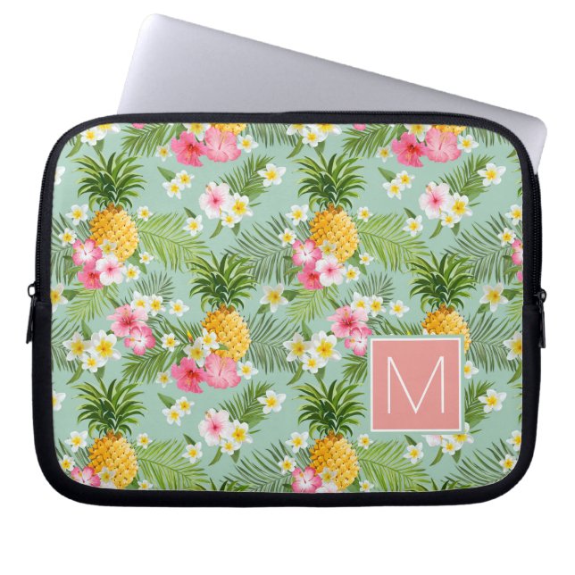 Tropical Flowers & Pineapples | Add Your Initial Laptop Sleeve (Front)