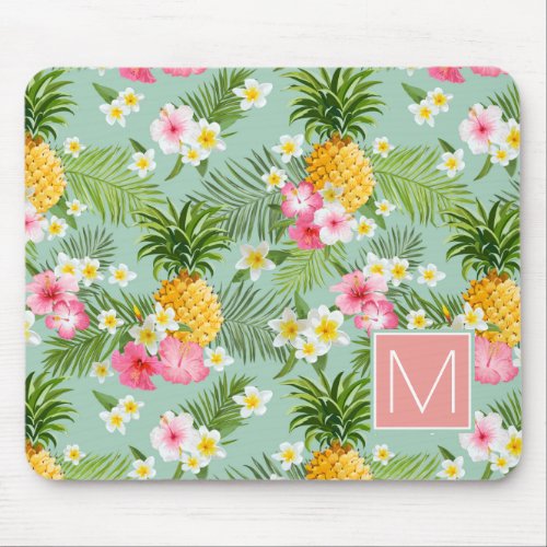 Tropical Flowers  Pineapples  Add Your Initial Mouse Pad