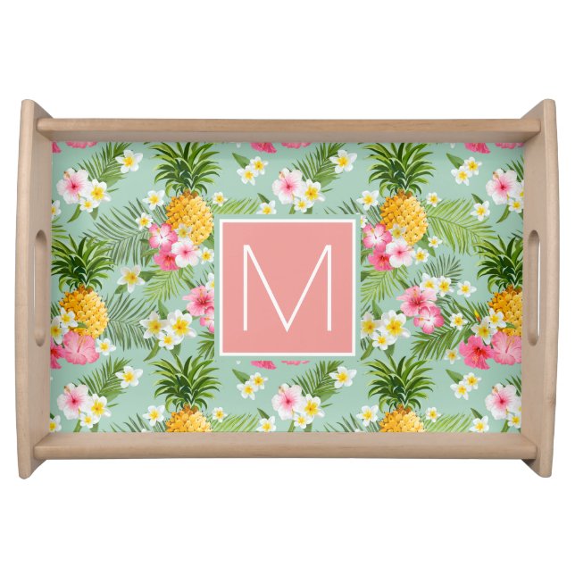 Tropical Flowers & Pineapples | Add Your Initial Serving Tray (Front)