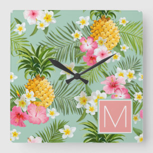 Tropical Flowers & Pineapples   Add Your Initial Square Wall Clock