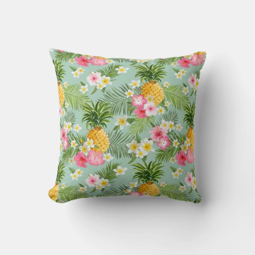 Tropical Flowers  Pineapples  Add Your Initial Throw Pillow