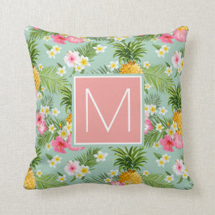 Tropical Flowers & Pineapples Add Your Initial Throw Pillow