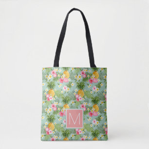 Tropical Flowers & Pineapples   Add Your Initial Tote Bag