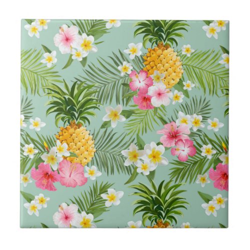 Tropical Flowers  Pineapples Ceramic Tile
