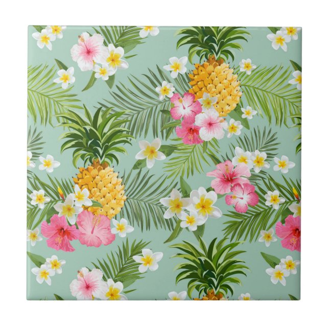 Tropical Flowers & Pineapples Ceramic Tile (Front)