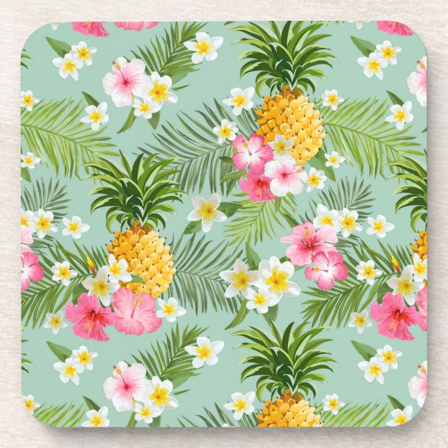 Tropical Flowers & Pineapples Drink Coaster (Front)