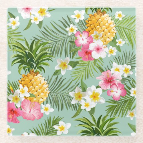 Tropical Flowers  Pineapples Glass Coaster